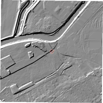 Shaded relief map of the ground around DN40FX, computed from Environment Agency LiDAR. The ground here sits at about 12 m above sea level and falls 10 m across the surrounding 800 m. Surface water reaching this point runs off ground lying to the west-north-west, 5.0 m higher.