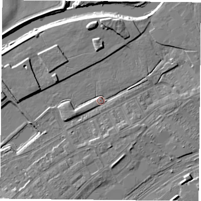 Shaded relief map of the ground around DN40GL, computed from Environment Agency LiDAR. The ground here sits at about 12 m above sea level and falls 10 m across the surrounding 800 m. Surface water reaching this point runs off ground lying to the south-west, 4.0 m higher.