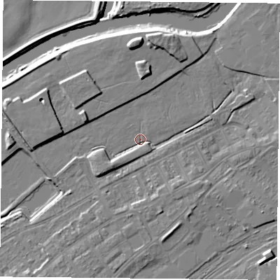 Shaded relief map of the ground around DN40GN, computed from Environment Agency LiDAR. The ground here sits at about 11 m above sea level and falls 10 m across the surrounding 800 m. Surface water reaching this point runs off ground lying to the north, 5.9 m higher.