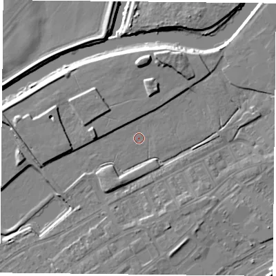 Shaded relief map of the ground around DN40GP, computed from Environment Agency LiDAR. The ground here sits at about 11 m above sea level and falls 10 m across the surrounding 800 m. Surface water reaching this point runs off ground lying to the north, 5.2 m higher.