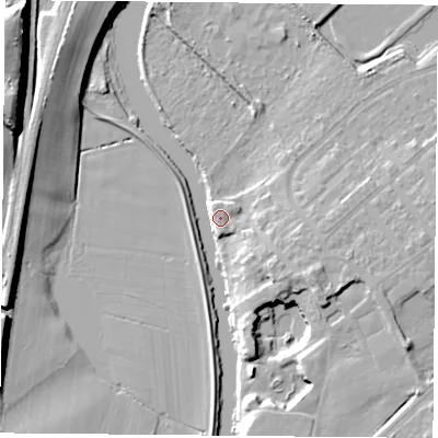 Shaded relief map of the ground around DN40HW, computed from Environment Agency LiDAR. The ground here sits at about 12 m above sea level and falls 21 m across the surrounding 800 m. Surface water reaching this point runs off ground lying to the north-west, 12.2 m higher.