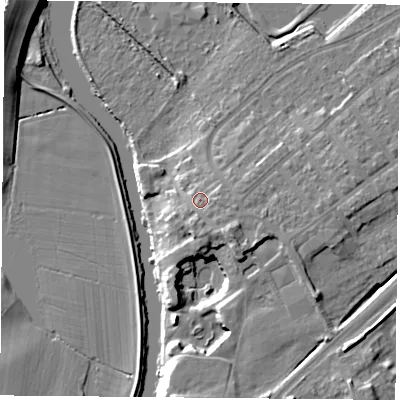 Shaded relief map of the ground around DN40HZ, computed from Environment Agency LiDAR. The ground here sits at about 16 m above sea level and falls 12 m across the surrounding 800 m. Surface water reaching this point runs off ground lying to the south-east, 3.1 m higher.