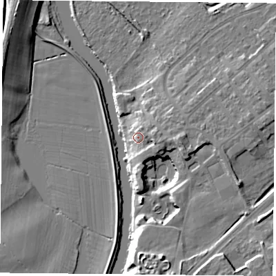 Shaded relief map of the ground around DN40JA, computed from Environment Agency LiDAR. The ground here sits at about 14 m above sea level and falls 12 m across the surrounding 800 m. Surface water reaching this point runs off ground lying to the east-south-east, 4.4 m higher.