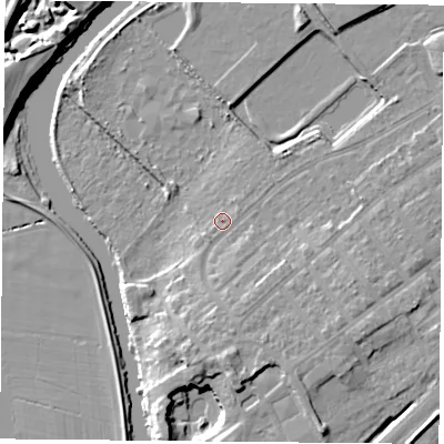 Shaded relief map of the ground around DN40JB, computed from Environment Agency LiDAR. The ground here sits at about 12 m above sea level and falls 11 m across the surrounding 800 m. Surface water reaching this point runs off ground lying to the south, 5.4 m higher.