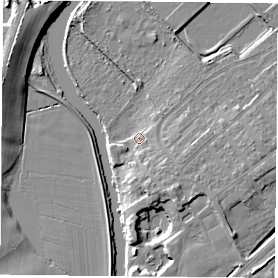 Shaded relief map of the ground around DN40JH, computed from Environment Agency LiDAR. The ground here sits at about 12 m above sea level and falls 12 m across the surrounding 800 m. Surface water reaching this point runs off ground lying to the south-east, 5.4 m higher.