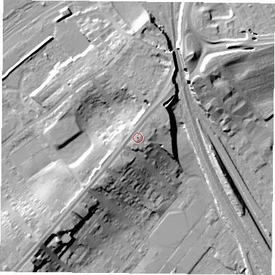 Shaded relief map of the ground around DN40RA, computed from Environment Agency LiDAR. The ground here sits at about 20 m above sea level and falls 15 m across the surrounding 800 m. Surface water reaching this point runs off ground lying to the south-south-west, 0.7 m higher.
