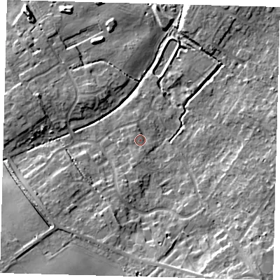 Shaded relief map of the ground around DN417JN, computed from Environment Agency LiDAR. The ground here sits at about 7 m above sea level and falls 14 m across the surrounding 800 m. Surface water reaching this point runs off ground lying to the south, 1.3 m higher.
