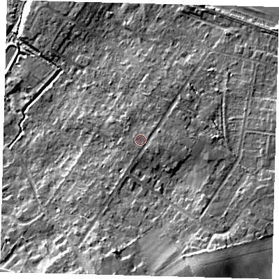 Shaded relief map of the ground around DN417NA, computed from Environment Agency LiDAR. The ground here sits at about 9 m above sea level and falls 14 m across the surrounding 800 m. Surface water reaching this point runs off ground lying to the south-south-east, 0.7 m higher.