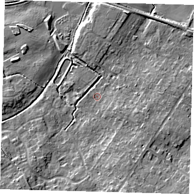 Shaded relief map of the ground around DN417PP, computed from Environment Agency LiDAR. The ground here sits at about 5 m above sea level and falls 12 m across the surrounding 800 m. Surface water reaching this point runs off ground lying to the east-south-east, 3.4 m higher.