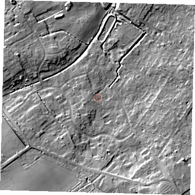 Shaded relief map of the ground around DN417PZ, computed from Environment Agency LiDAR. The ground here sits at about 6 m above sea level and falls 15 m across the surrounding 800 m. Surface water reaching this point runs off ground lying to the west-south-west, 1.7 m higher.
