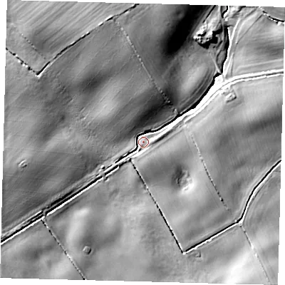 Shaded relief map of the ground around DN417QH, computed from Environment Agency LiDAR. The ground here sits at about 12 m above sea level and falls 11 m across the surrounding 800 m. Surface water reaching this point runs off ground lying to the north-north-west, 9.8 m higher.
