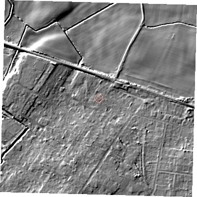 Shaded relief map of the ground around DN417RB, computed from Environment Agency LiDAR. The ground here sits at about 4 m above sea level and falls 9 m across the surrounding 800 m. Surface water reaching this point runs off ground lying to the south, 5.9 m higher.