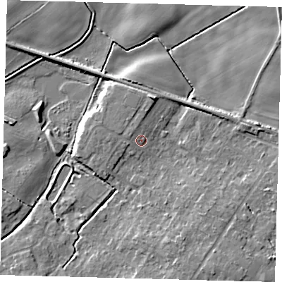 Shaded relief map of the ground around DN417RD, computed from Environment Agency LiDAR. The ground here sits at about 6 m above sea level and falls 9 m across the surrounding 800 m. Surface water reaching this point runs off ground lying to the west-north-west, 1.7 m higher.