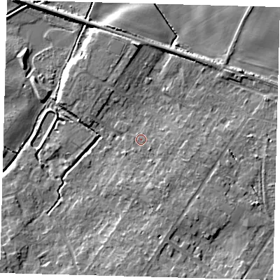 Shaded relief map of the ground around DN417RF, computed from Environment Agency LiDAR. The ground here sits at about 6 m above sea level and falls 10 m across the surrounding 800 m. Surface water reaching this point runs off ground lying to the south-south-east, 3.7 m higher.