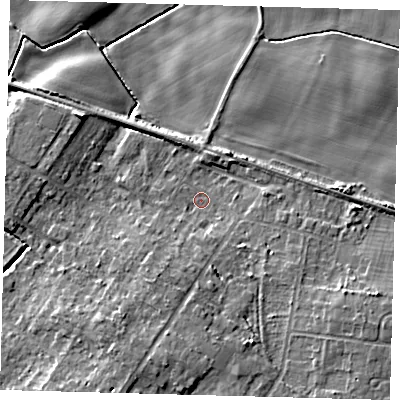 Shaded relief map of the ground around DN417RH, computed from Environment Agency LiDAR. The ground here sits at about 4 m above sea level and falls 9 m across the surrounding 800 m. Surface water reaching this point runs off ground lying to the south-south-west, 5.8 m higher.