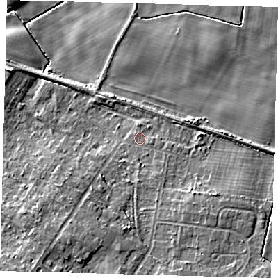 Shaded relief map of the ground around DN417RJ, computed from Environment Agency LiDAR. The ground here sits at about 5 m above sea level and falls 9 m across the surrounding 800 m. Surface water reaching this point runs off ground lying to the south, 1.9 m higher.