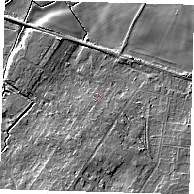 Shaded relief map of the ground around DN417RQ, computed from Environment Agency LiDAR. The ground here sits at about 6 m above sea level and falls 10 m across the surrounding 800 m. Surface water reaching this point runs off ground lying to the south, 3.1 m higher.
