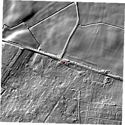 Shaded relief map of the ground around DN417RY, computed from Environment Agency LiDAR. The ground here sits at about 5 m above sea level and falls 9 m across the surrounding 800 m. Surface water reaching this point runs off ground lying to the south-south-west, 5.8 m higher.