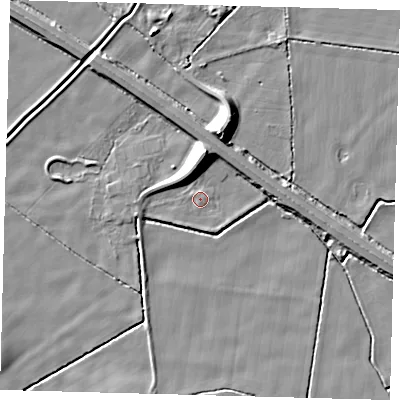 Shaded relief map of the ground around DN417RZ, computed from Environment Agency LiDAR. The ground here sits at about 2 m above sea level and falls 9 m across the surrounding 800 m. Surface water reaching this point runs off ground lying to the south-south-east, 0.9 m higher.