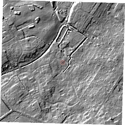 Shaded relief map of the ground around DN417SL, computed from Environment Agency LiDAR. The ground here sits at about 6 m above sea level and falls 13 m across the surrounding 800 m. Surface water reaching this point runs off ground lying to the south-east, 9.8 m higher.