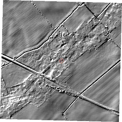 Shaded relief map of the ground around DN418AP, computed from Environment Agency LiDAR. The ground here sits at about 5 m above sea level and falls 9 m across the surrounding 800 m. Surface water reaching this point runs off ground lying to the south, 1.7 m higher.