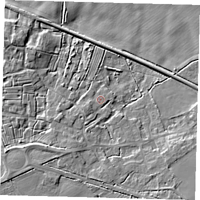 Shaded relief map of the ground around DN418BH, computed from Environment Agency LiDAR. The ground here sits at about 6 m above sea level and falls 8 m across the surrounding 800 m. Surface water reaching this point runs off ground lying to the west-south-west, 1.3 m higher.