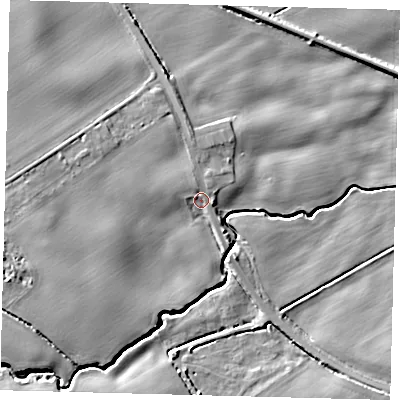 Shaded relief map of the ground around DN418BL, computed from Environment Agency LiDAR. The ground here sits at about 9 m above sea level and falls 9 m across the surrounding 800 m. Surface water reaching this point runs off ground lying to the west, 5.0 m higher.