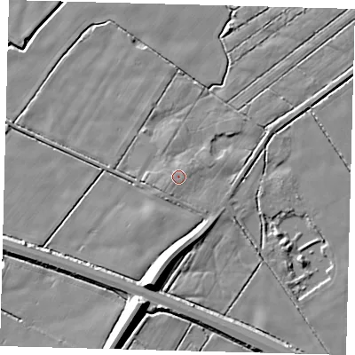 Shaded relief map of the ground around DN418BX, computed from Environment Agency LiDAR. The ground here sits at about 4 m above sea level and falls 10 m across the surrounding 800 m. Surface water reaching this point runs off ground lying to the north-east, 0.7 m higher.