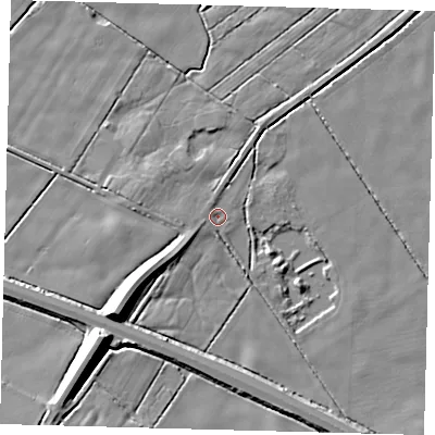 Shaded relief map of the ground around DN418BY, computed from Environment Agency LiDAR. The ground here sits at about 2 m above sea level and falls 10 m across the surrounding 800 m. Surface water reaching this point runs off ground lying to the west-south-west, 1.5 m higher.
