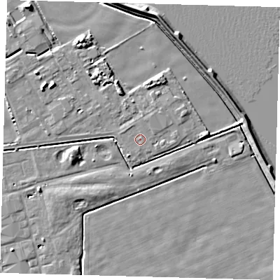 Shaded relief map of the ground around DN418DA, computed from Environment Agency LiDAR. The ground here sits at about 3 m above sea level and falls 9 m across the surrounding 800 m. The ground contributing surface water to this point lies to the south-south-east.