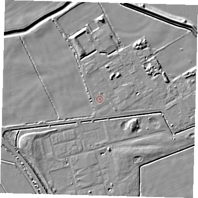 Shaded relief map of the ground around DN418DB, computed from Environment Agency LiDAR. The ground here sits at about 2 m above sea level and falls 9 m across the surrounding 800 m. Surface water reaching this point runs off ground lying to the east-north-east, 0.9 m higher.