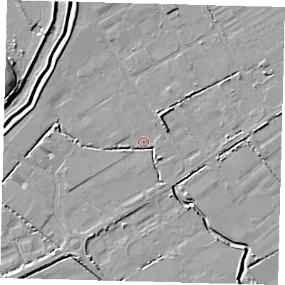 Shaded relief map of the ground around DN418DF, computed from Environment Agency LiDAR. The ground here sits at about 2 m above sea level and falls 10 m across the surrounding 800 m. Surface water reaching this point runs off ground lying to the north-west, 3.7 m higher.