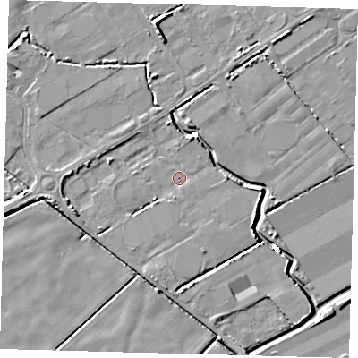 Shaded relief map of the ground around DN418DG, computed from Environment Agency LiDAR. The ground here sits at about 2 m above sea level and falls 5 m across the surrounding 800 m. Surface water reaching this point runs off ground lying to the east-south-east, 3.8 m higher.