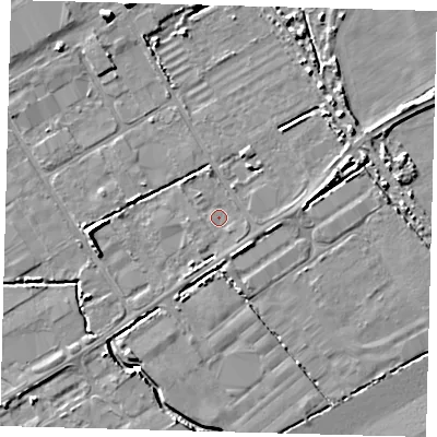 Shaded relief map of the ground around DN418DL, computed from Environment Agency LiDAR. The ground here sits at about 2 m above sea level and falls 7 m across the surrounding 800 m. Surface water reaching this point runs off ground lying to the east-north-east, 3.1 m higher.