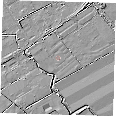 Shaded relief map of the ground around DN418DQ, computed from Environment Agency LiDAR. The ground here sits at about 2 m above sea level and falls 5 m across the surrounding 800 m. The ground contributing surface water to this point lies to the south-south-east.