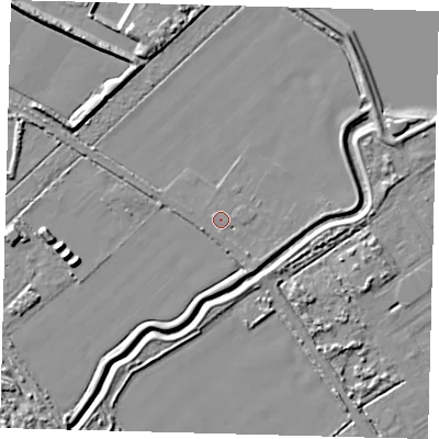 Shaded relief map of the ground around DN418DR, computed from Environment Agency LiDAR. The ground here sits at about 4 m above sea level and falls 8 m across the surrounding 800 m. Surface water reaching this point runs off ground lying to the south-east, 2.1 m higher.