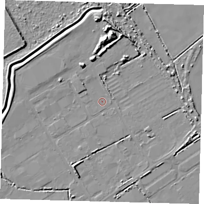Shaded relief map of the ground around DN418DS, computed from Environment Agency LiDAR. The ground here sits at about 2 m above sea level and falls 10 m across the surrounding 800 m. Surface water reaching this point runs off ground lying to the north-north-west, 4.8 m higher.