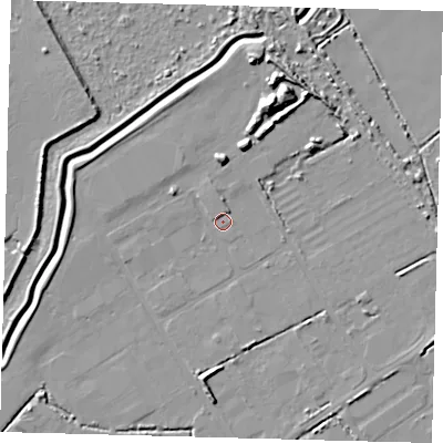 Shaded relief map of the ground around DN418DU, computed from Environment Agency LiDAR. The ground here sits at about 2 m above sea level and falls 10 m across the surrounding 800 m. Surface water reaching this point runs off ground lying to the north-north-east, 8.6 m higher.