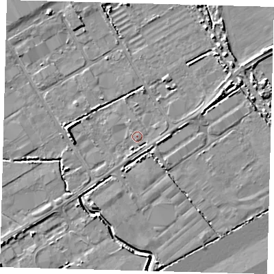 Shaded relief map of the ground around DN418DW, computed from Environment Agency LiDAR. The ground here sits at about 2 m above sea level and falls 5 m across the surrounding 800 m. Surface water reaching this point runs off ground lying to the south, 1.7 m higher.