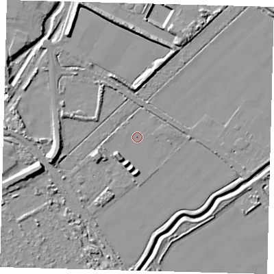 Shaded relief map of the ground around DN418DX, computed from Environment Agency LiDAR. The ground here sits at about 3 m above sea level and falls 10 m across the surrounding 800 m. Surface water reaching this point runs off ground lying to the west-south-west, 7.7 m higher.