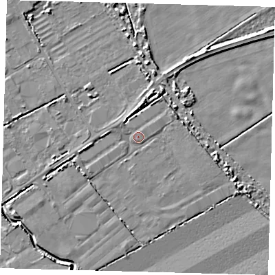 Shaded relief map of the ground around DN418DY, computed from Environment Agency LiDAR. The ground here sits at about 2 m above sea level and falls 5 m across the surrounding 800 m. Surface water reaching this point runs off ground lying to the east-north-east, 1.8 m higher.