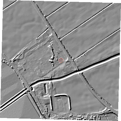 Shaded relief map of the ground around DN418DZ, computed from Environment Agency LiDAR. The ground here sits at about 2 m above sea level and falls 5 m across the surrounding 800 m. Surface water reaching this point runs off ground lying to the north-east, 1.6 m higher.