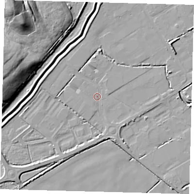 Shaded relief map of the ground around DN418FD, computed from Environment Agency LiDAR. The ground here sits at about 2 m above sea level and falls 25 m across the surrounding 800 m. Surface water reaching this point runs off ground lying to the east-north-east, 3.5 m higher.
