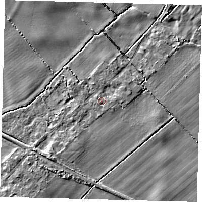 Shaded relief map of the ground around DN418FE, computed from Environment Agency LiDAR. The ground here sits at about 5 m above sea level and falls 8 m across the surrounding 800 m. Surface water reaching this point runs off ground lying to the south, 0.9 m higher.