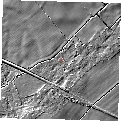Shaded relief map of the ground around DN418GA, computed from Environment Agency LiDAR. The ground here sits at about 4 m above sea level and falls 8 m across the surrounding 800 m. Surface water reaching this point runs off ground lying to the east-south-east, 1.5 m higher.