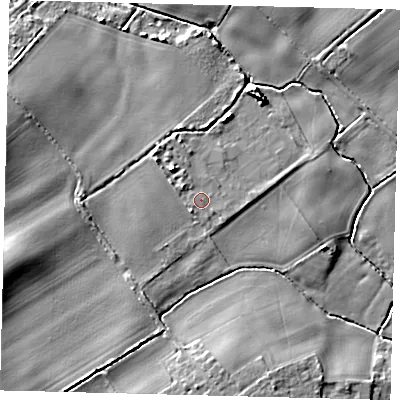 Shaded relief map of the ground around DN418JB, computed from Environment Agency LiDAR. The ground here sits at about 16 m above sea level and falls 8 m across the surrounding 800 m. Surface water reaching this point runs off ground lying to the north-west, 1.3 m higher.