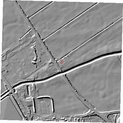 Shaded relief map of the ground around DN418JJ, computed from Environment Agency LiDAR. The ground here sits at about 3 m above sea level and falls 5 m across the surrounding 800 m. Surface water reaching this point runs off ground lying to the west, 2.5 m higher.