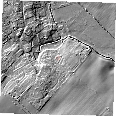 Shaded relief map of the ground around DN418SD, computed from Environment Agency LiDAR. The ground here sits at about 18 m above sea level and falls 14 m across the surrounding 800 m. Surface water reaching this point runs off ground lying to the south-west, 6.2 m higher.