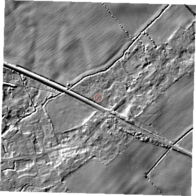Shaded relief map of the ground around DN418TA, computed from Environment Agency LiDAR. The ground here sits at about 4 m above sea level and falls 9 m across the surrounding 800 m. Surface water reaching this point runs off ground lying to the south-south-east, 2.5 m higher.