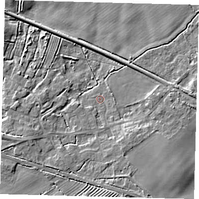 Shaded relief map of the ground around DN418TG, computed from Environment Agency LiDAR. The ground here sits at about 5 m above sea level and falls 8 m across the surrounding 800 m. Surface water reaching this point runs off ground lying to the south-east, 5.0 m higher.